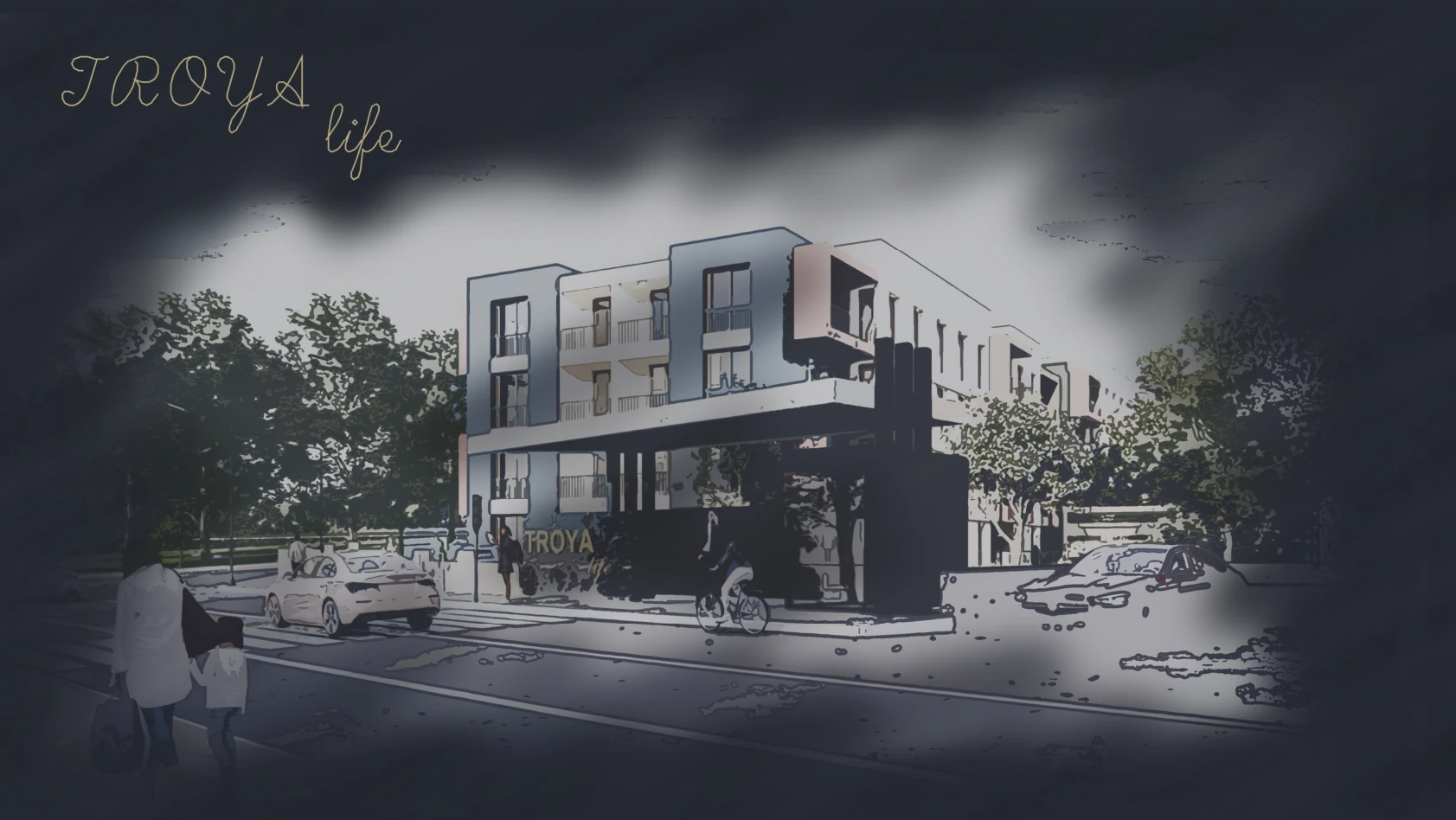 Bu resim, "Troya Life" adlı bir projenin modern mimari çizimini gösteriyor. Bina tasarımı, çağdaş ve şık detaylarla öne çıkıyor. Ön planda, insanlar ve araçlar yer almakta, çevresinde ise ağaçlar ve yeşil alanlar dikkat çekiyor. Genel atmosfer, sakin ve huzurlu bir yaşam alanını yansıtıyor.