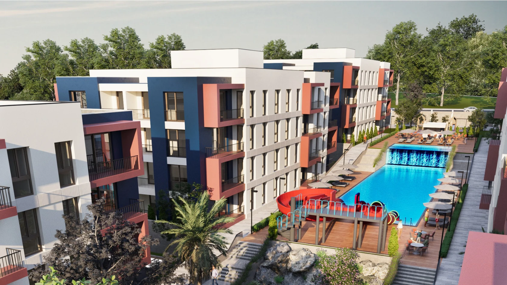 Açık hava alanı ve ferah yaşam alanlarıyla modern bir konut kompleksi. Göz alıcı bir havuz, dinlenme alanları ve yeşil alanlarla çevrili, huzurlu bir yaşam alanı sunmaktadır.