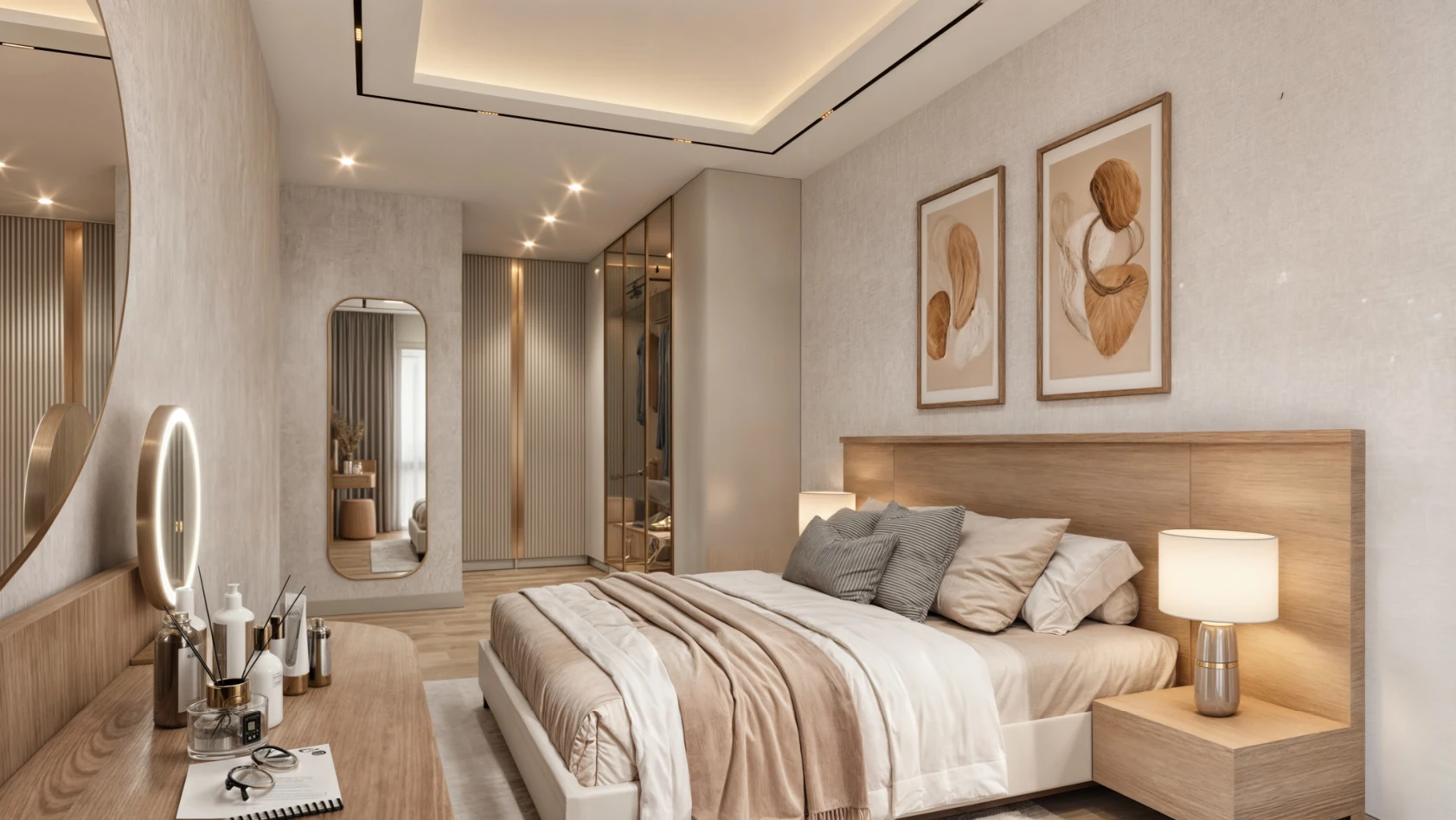 Bu resim, modern ve şık bir yatak odasını sergiliyor. Açık tonlarda duvarlar ve ahşap detaylar, mekâna sıcak bir atmosfer katıyor. Yatak başlığında doğal ahşap kullanımı, uyumlu bej ve gri renklerde yastıklarla birlikte rahat bir ortam sunuyor. Yanındaki komodin üzerinde minimalist bir lamba ve çeşitli kozmetik ürünleri yer alırken, duvarda sanat eserleri göz alıyor. Odanın genel tasarımı, modern estetik ve işlevselliği bir araya getiriyor. Büyük bir ayna ve ferah bir dolap, alanı daha geniş ve açık gösteriyor. Yumuşak aydınlatma da mekânın huzurlu bir ambiyans yaratmasını sağlıyor.