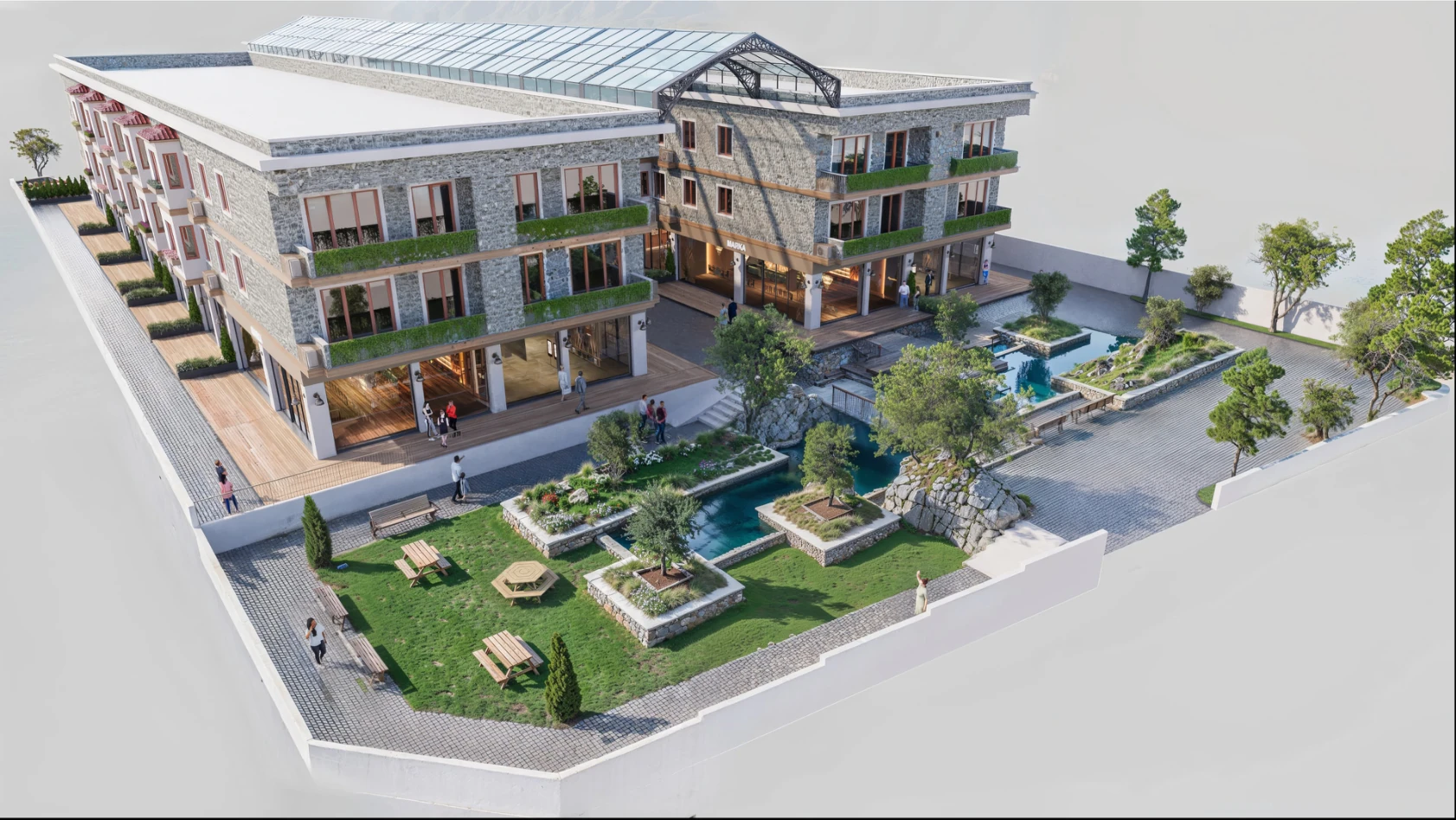 Bu görsel, modern bir mimari tasarıma sahip otel veya konaklama tesisinin 3D renderını göstermektedir. Bina, doğal taş malzemelerle süslenmiş olup, geniş bir avluya açılan katmanlı bir yapıya sahiptir. Avluda yeşil alanlar, çeşitli bitkiler ve küçük su ögeleri bulunuyor. Dış mekanda dinlenme alanları ile oturma düzenekleri yer alırken, insanların sosyal alanlarda aktif oldukları gözlemleniyor. Genel atmosfer, hem modern hem de doğayla iç içe bir yaşam sunan bir mekan hissi vermektedir.
