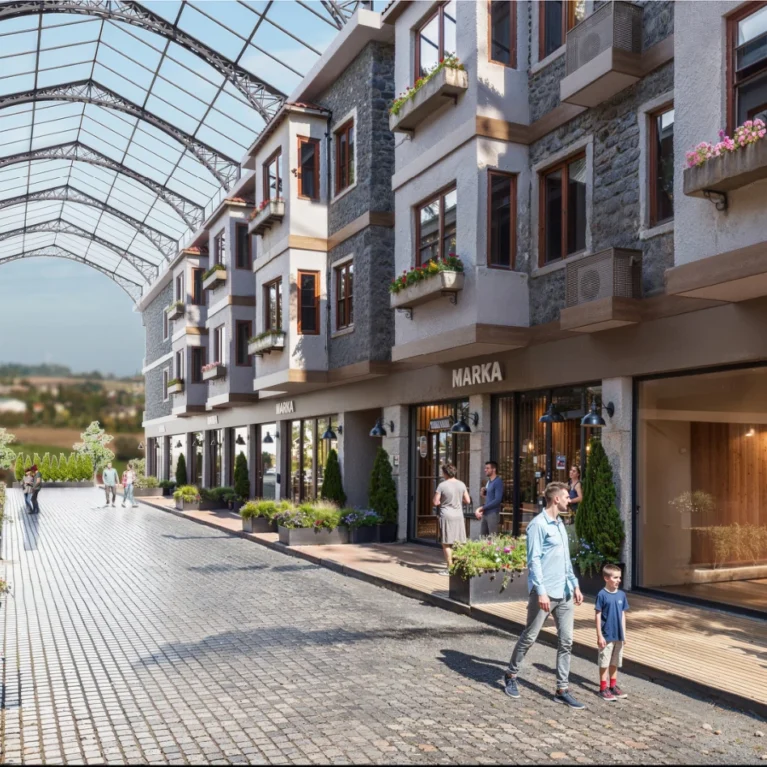Üzeri cam bir çatıyla kapatılmış modern açık hava çarşısında, taş kaplamalı sokak boyunca dizilmiş mağaza cepheleri ve çiçekli balkonlar görülüyor. İnsanlar alışveriş yapıyor, sohbet ediyor ve yürüyüş yapıyor; ön planda bir baba küçük oğluyla yürürken bir çift köpekleriyle mağaza vitrinine bakıyor. Ortam ferah, düzenli ve doğal ışıkla aydınlatılmış.